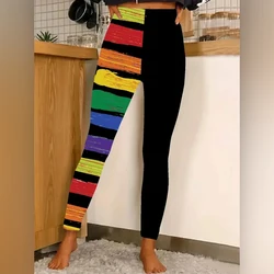 Rainbow Stripes Matching color & Floral print Stretch slim elastic waist casual leggings for women