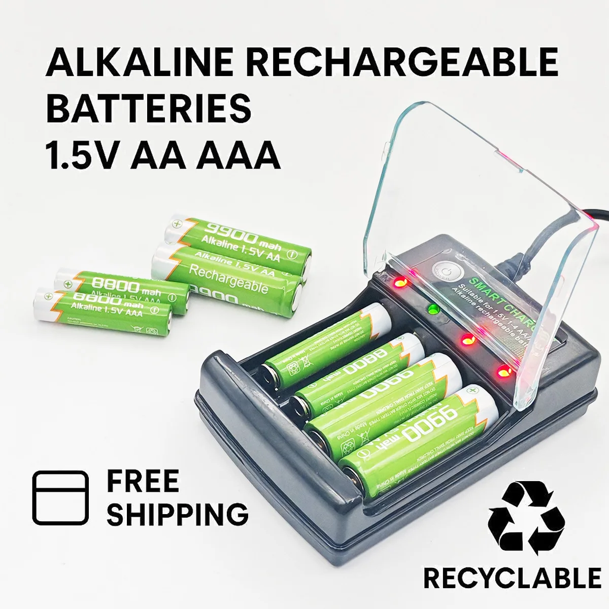 مجموعة بطاريات قلوية قابلة لإعادة الشحن بقوة 1.5 فولت: AA 9900 مللي أمبير في الساعة وAAA 8800 مللي أمبير في الساعة مع شاحن USB، شحن مجاني لجهاز التحكم عن بعد/اللعبة/الكاميرا #1