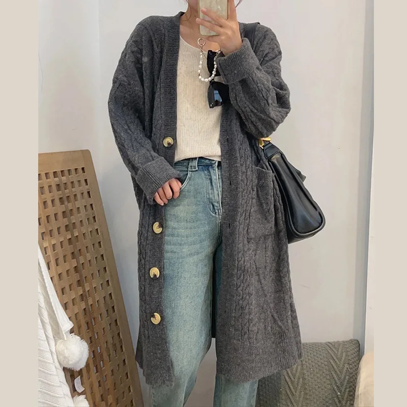 Autumn and Winter New Mid-Length Long-Sleeved Knitted Cardigan Sweater Coat Lazy and Loose Slimming Sweater Top Women