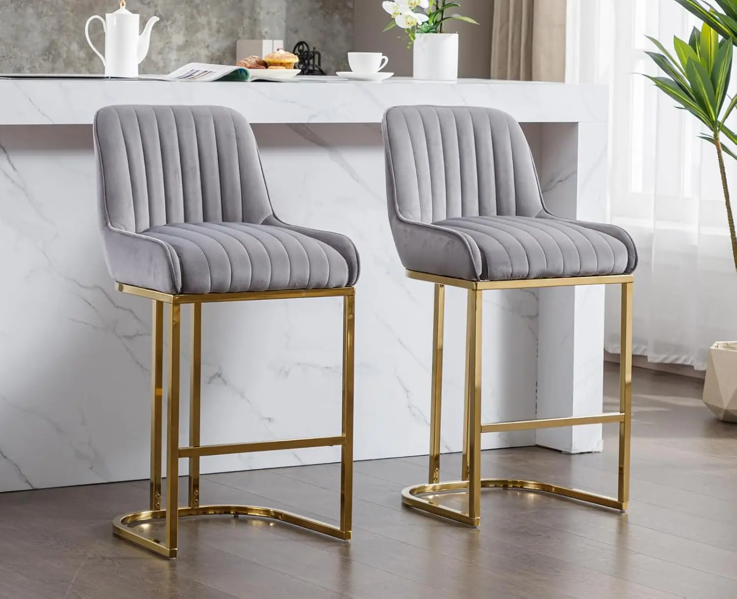 Upholstered Counter Height Bar Stools Set of 4 with Back & Gold Metal Base for Kitchen Island Restaurant Pub, Customized view 2