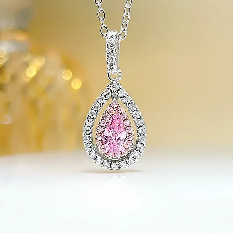 New Fashion Pear shaped Droplet Cherry Blossom Powder Pendant Temperament Powder Diamond Imported High Carbon Diamond Wedding