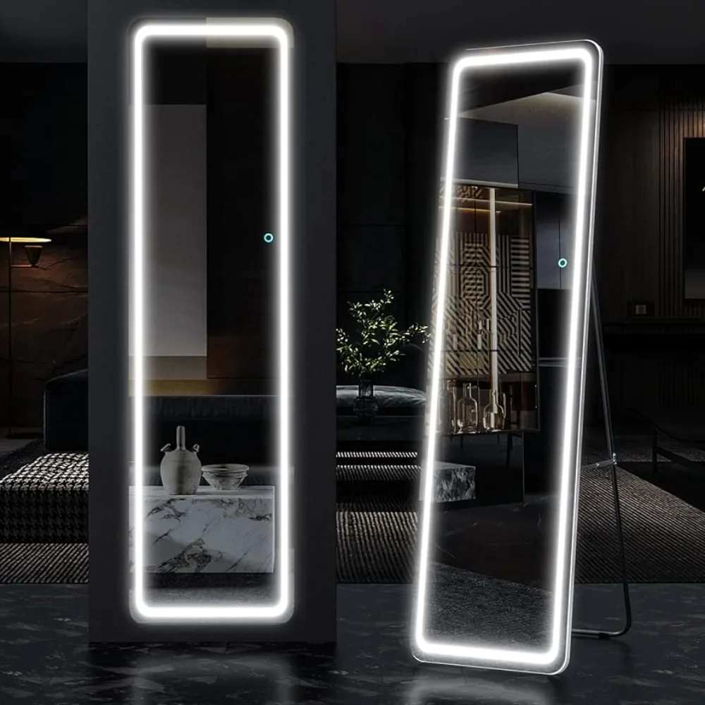 LED Free Standing Floor Mirror Dimming & 3 Color Lighting for Bedroom (White) Big Mirror Full Body Mirrors Furniture Living Room