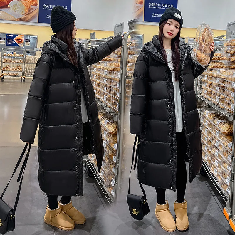 2024 New Black Down Padded Jacket Korean Version Long Bright Padded Coat Female Thick Slim Padded Jacket Coat