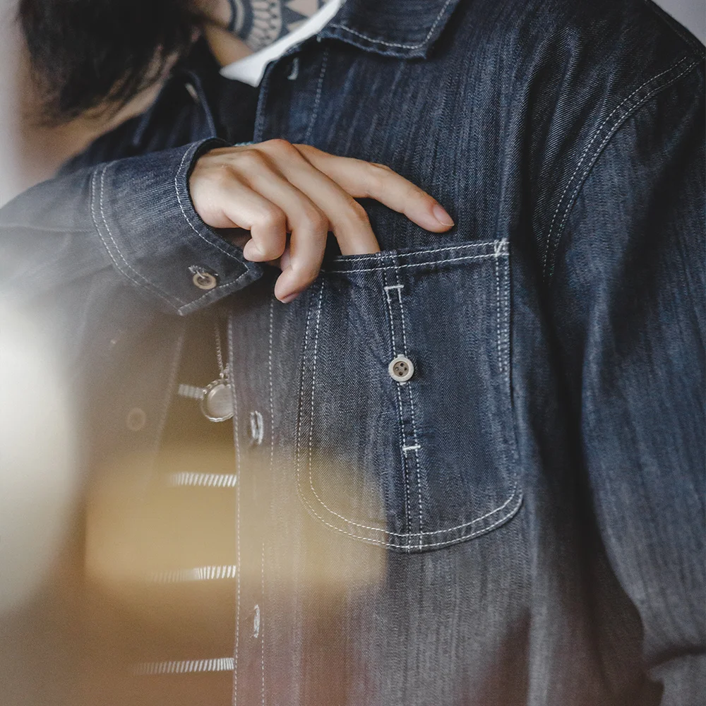 Maden Chemise en jean masculine vintage avec de grands poches Veste en jean à manches longues de coupe ample pour l\'automne Chemise bleu foncé à