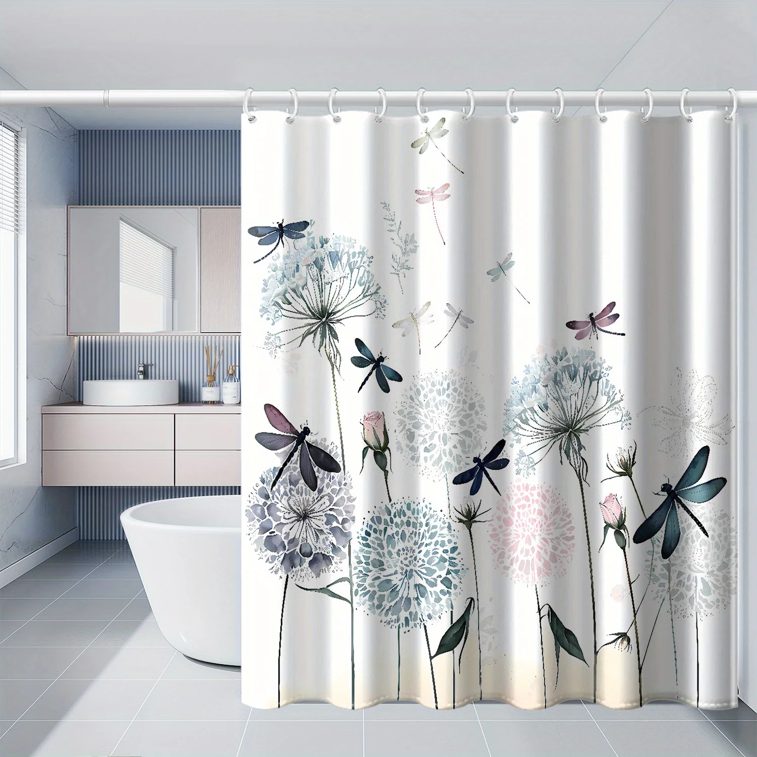 

1 piece of watercolor dandelion and dragonfly print shower curtain, polyester fabric, machine washable, suitable for bathroom
