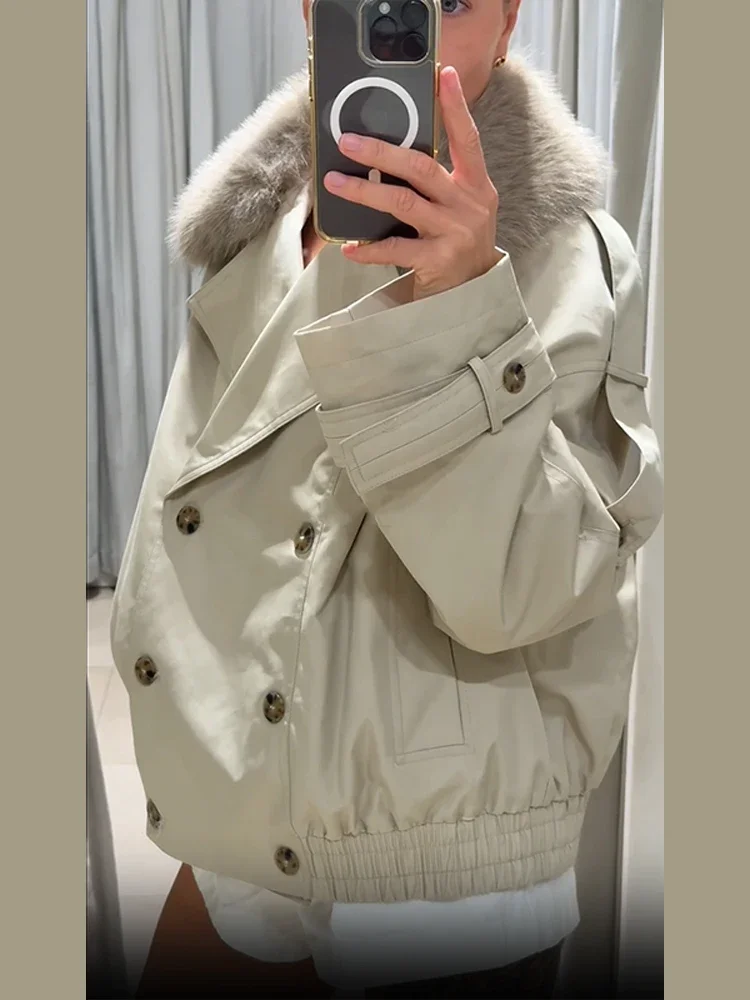 Chic Fur Collar Short Windbreaker Coat Women Fashion Double Breasted Pocket Loose Jacket Autumn Daily Commuting Office Outerwear