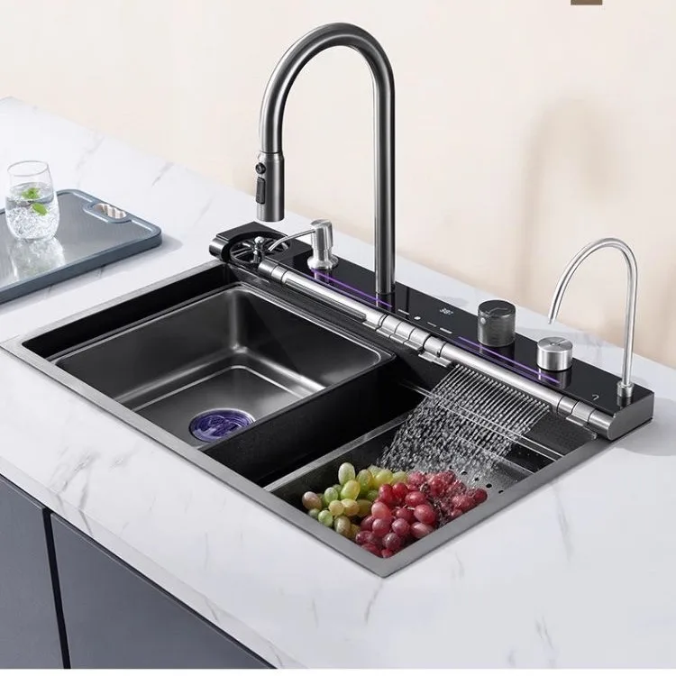 stainless steel Waterfall Whale digital display sink large single slot sink, thickened vegetable washing basin on the counter