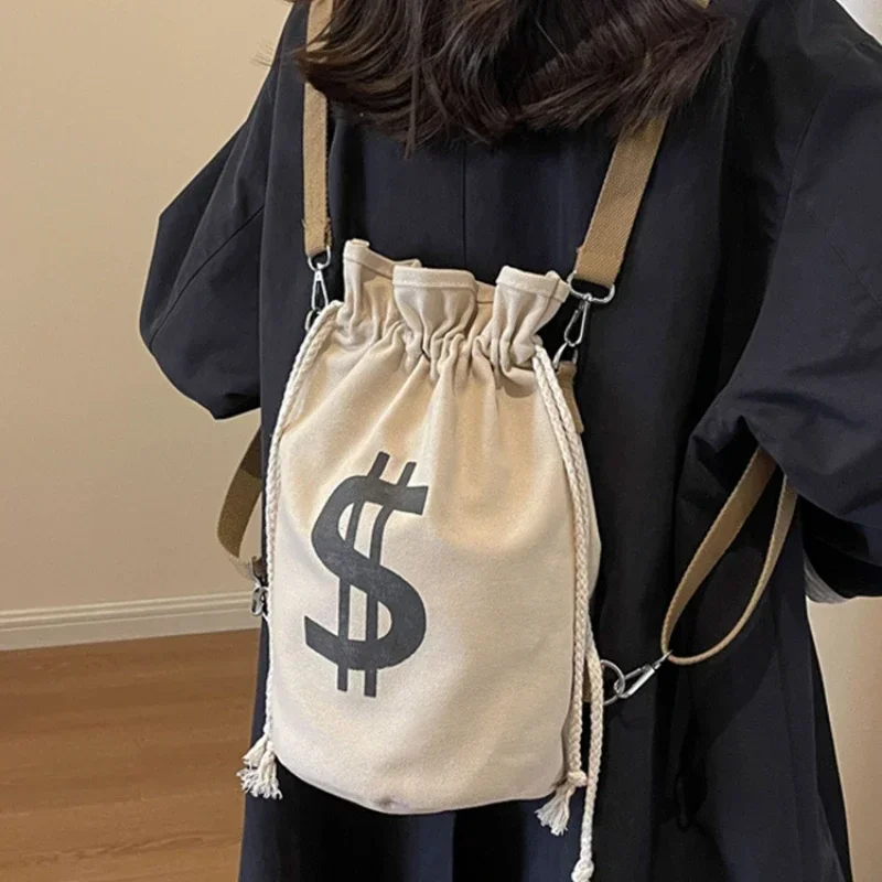 Dollar sign Canvas Commuter Bags High Capacity Drawstring Shoulder Bags Personalized Leisure Multi-functional Student Backpack