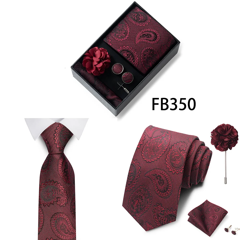 Neues Marken-Mode-Set: 8 cm Krawatte, Einstecktuch, Manschettenknöpfe und Brosche für Herren, Rot-Grau, Hochzeit, Geschenkbox, Passend für Partys – Detail 13