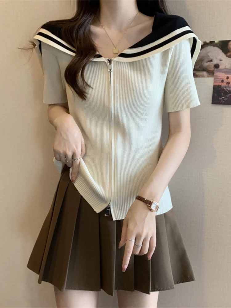 

Slimming Ice Silk Knitted Short Sleeve T-Shirt Navy Collar Double Zipper Korean Style Commute Fashion plus Size Summer Top