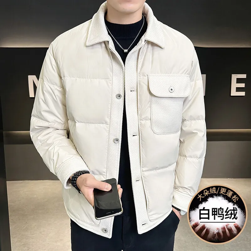 2025 Men's, Lapel, Striped Color Matching Big Pocket Fashion, Casual Down Jacket