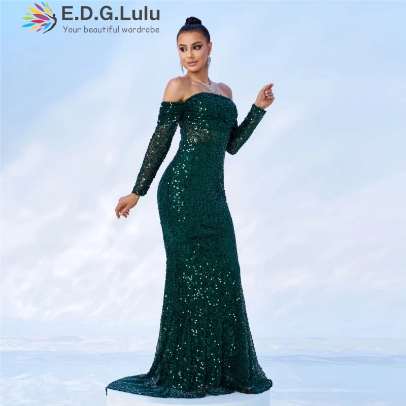 EDGLuLu Off Shoulder Long Sleeved Birthday Dresses Luxury 2024 Woman Backless Green Glitter Sequin Long Mermaid Dresses 1202