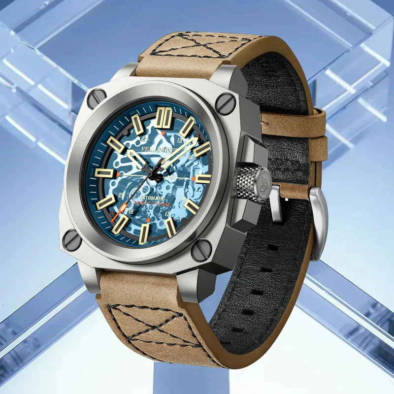 

Механические часы FeelNever Creative Skeleton Design для мужчин, деловые, военные, кожаные, водонепроницаемые, с автоматическим механизмом, наручные часы