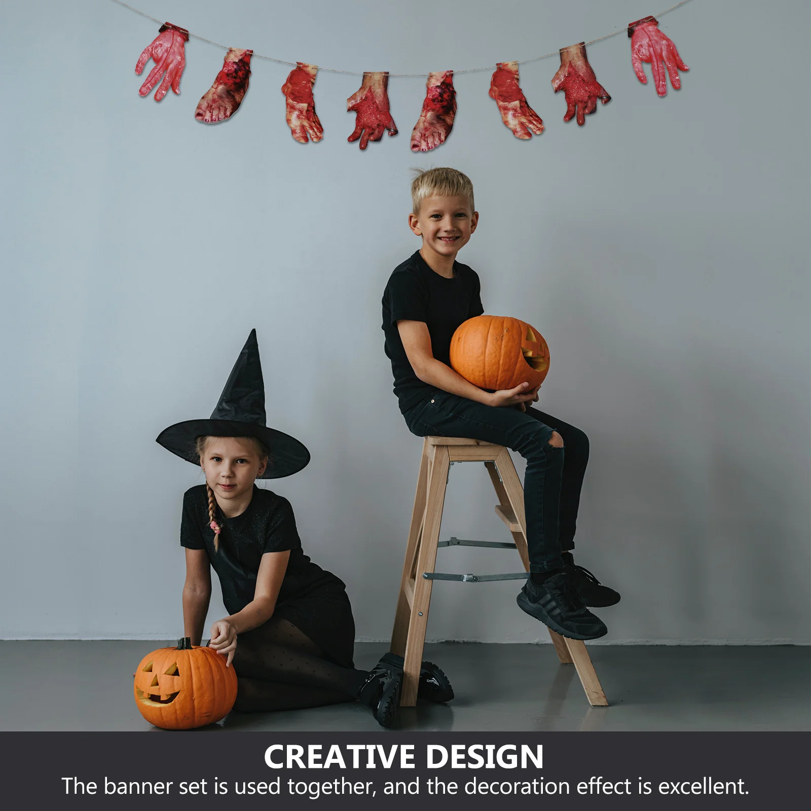 

2Sets Broken Hand Foot Blood Banner Scary Halloween Hanging Body Parts Garland Horror Decorations Blood Knives Banner