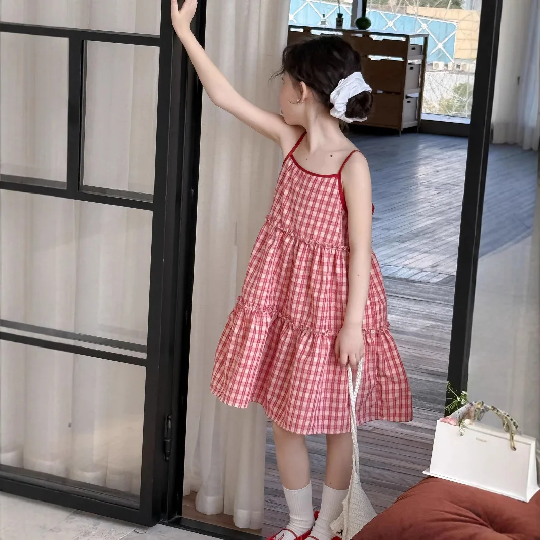 

Little girl's red checkered camisole dress children's dress sweet summer children's dress vacation style princess