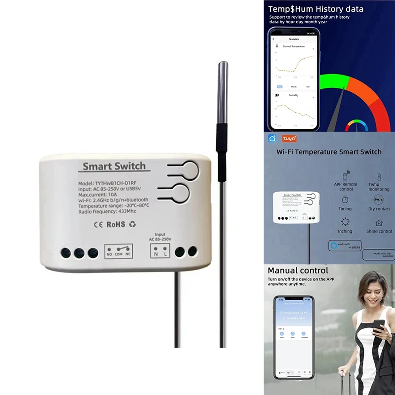 ABAC-Tuya Smart Life Wifi Switch Relay Temperature Humidity Monitoring Thermostat Sensor Passive Dry Contact Relay