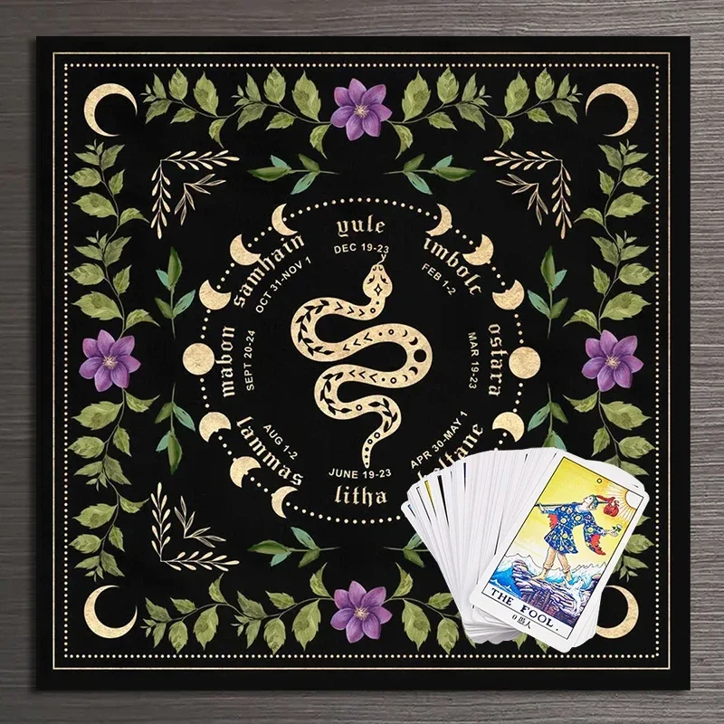 Moon Phase Snake Tarots Tablecloth Altar Cloth for Tarot Cards Plant Flower Tarots Cloth Divination Astrology Board Game Decor