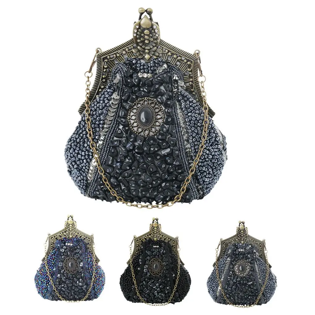 Women s Antique Beaded Embroidery Party Clutch Vintage Sequined Purse Evening Handbag Wedding Bridal Bag