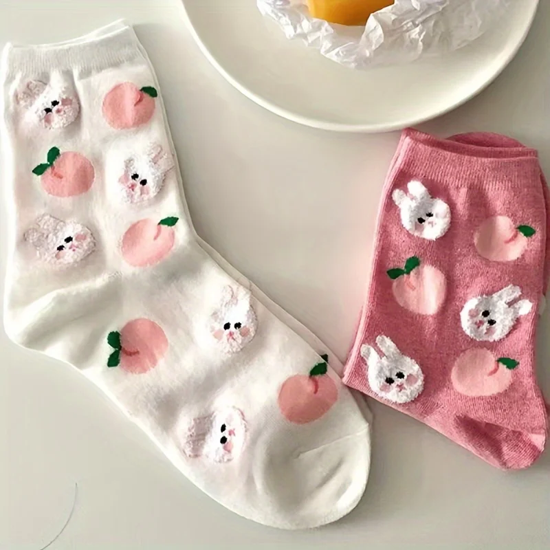 ถุงเท้าสาวน่ารักยาวนุ่มสำหรับฤดูใบไม้ผลิและฤดูร้อน4คู่ถุงเท้าลายการ์ตูนหมีกระต่ายนักเรียนหญิงฉบับภาษาเกาหลีขนาดกลาง