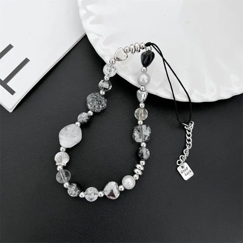 195C Y2K Heart Phone Charm Strap with Flower Bead Pendant Stylish and Versatile Anti-Lost Lanyard for Mobile Accessories