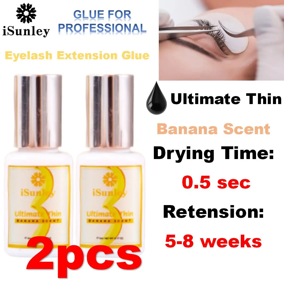 

Isunley Banana Scent Eyelash Glue 1s Fast Drying Waterproof Glue Premade Fans 6-8 Week Lasting Eyelash Extension Salon Wholesale