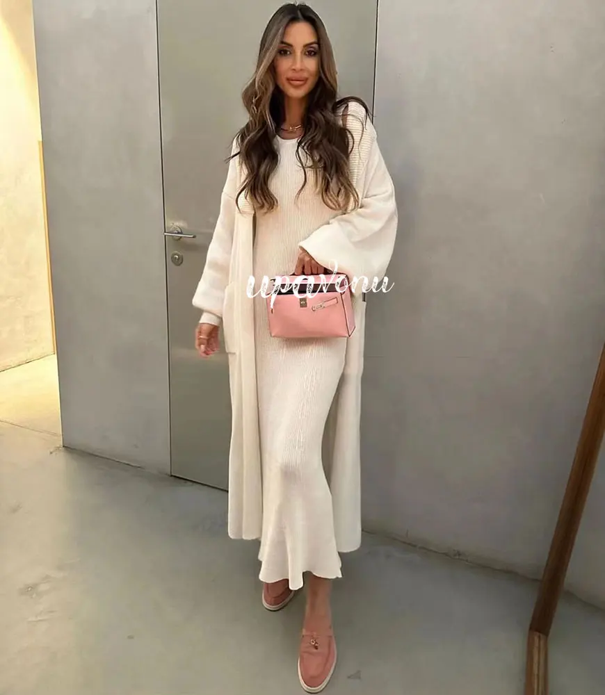 

Casual Solid Knitted Sweater Long Dress Set Women Long Sleeve Loose Long Cardigan Coat&Sleeveless Mid length Dress Two Piece Set