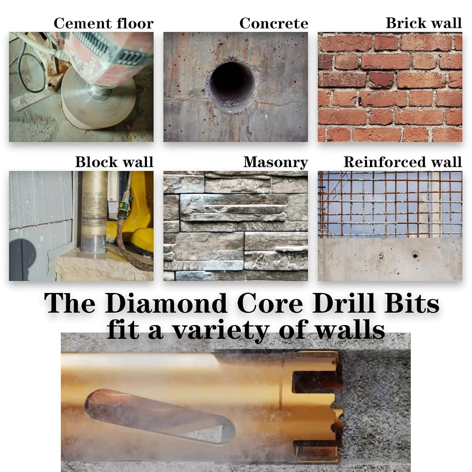 Forets à noyau de diamant 2 pièces pour béton, brique, maçonnerie-profondeur de 330mm, segment de 10mm, adaptateurs inclus