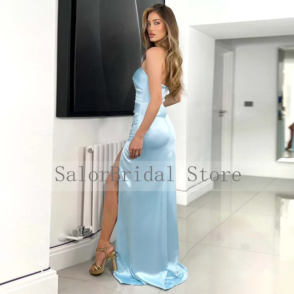 Vestido de noche verde esmeralda de satén sin tirantes para mujer, traje de noche de sirena con abertura lateral sin mangas, vestidos formales de fiesta largos 2022