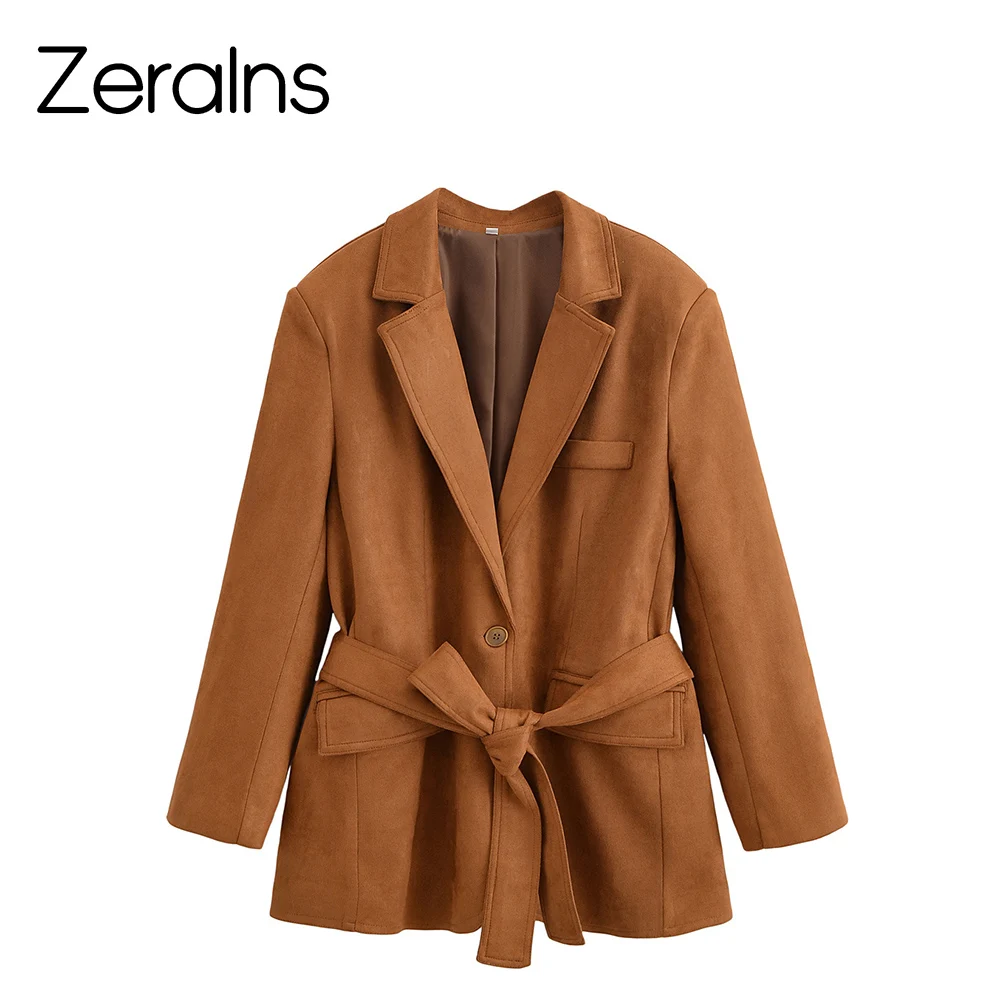

ZERAINS New European and American style women's fashion versatile casual waist cinched suede suit jacket