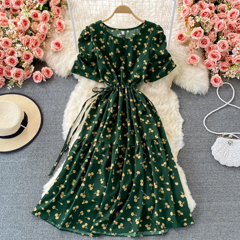 

Retro Floral Print Ruffle Chiffon Elegant Dress A-line O Neck Beach Vacation Dress Women Korean Fashion Summer Vestidos