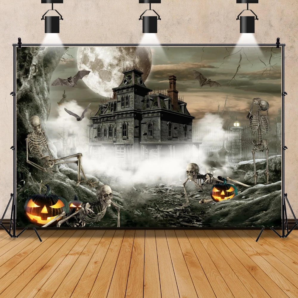 Photo Backdrop Old Dark Deserted Rural House Halloween Party Skeleton Scenic Child Kids Portrait Photo Background Photo Studio