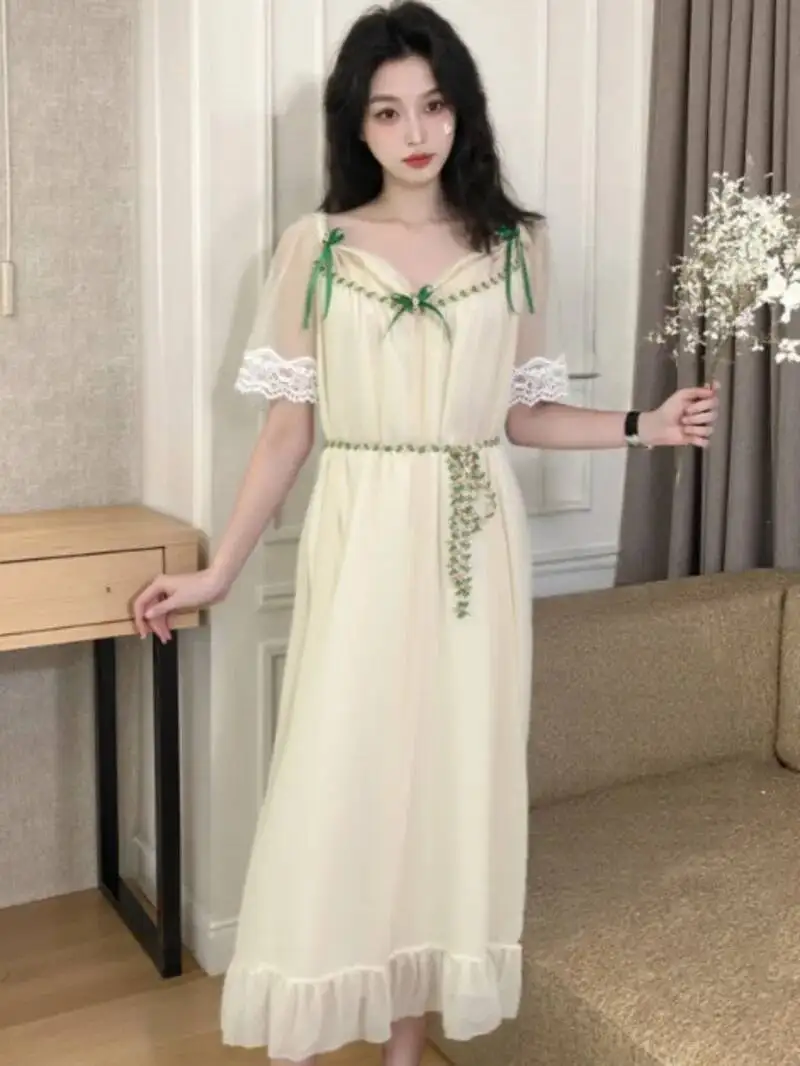 Summer Sexy Women's Dress Lace Robe Ladies Loungewear Lace Trimmed Skirt With Wrinkled Hem At The End Of The Dress elegant PDTV