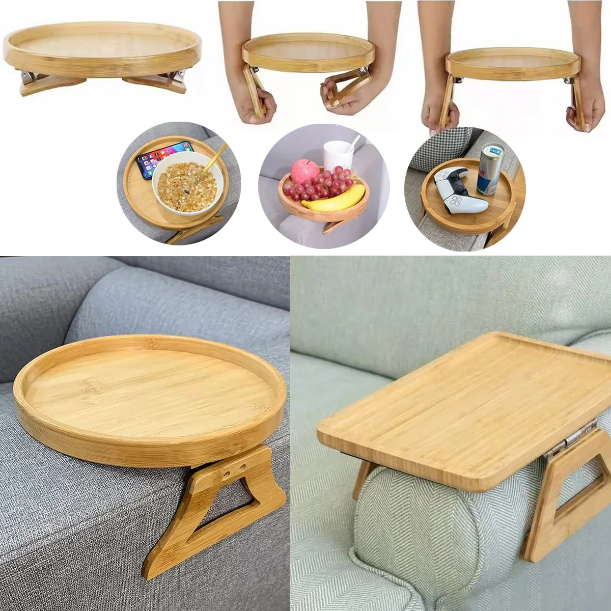 Vintage Style Sofa Armrest Tray Table Foldable Hardwood&Bamboo Side Table,Perfect Gift for Family&Friends  Accesorios De Cocina