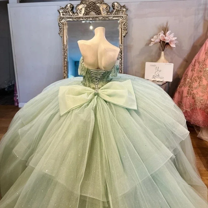 Robes de Quinceanera princesse vert clair à lacets brillants, perles, nœud en cristal, Corset en tissu, Off Initiated, 15 Swee