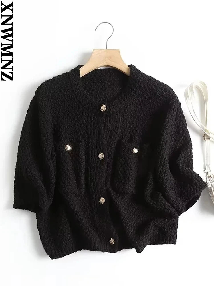 XNWMNZ 2022 Autumn Women FashionTwist Beige Crop Cardigan Jumper Short Sleeve Female Chic Knitted Cardigan