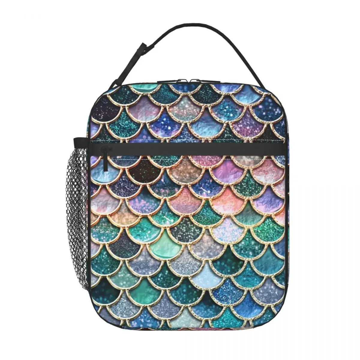 Mermaid Scales Insulated Lunch Bag for Women Waterproof Teal Silver and Pink Sparkle Cooler Thermal Lunch Box Office Work School