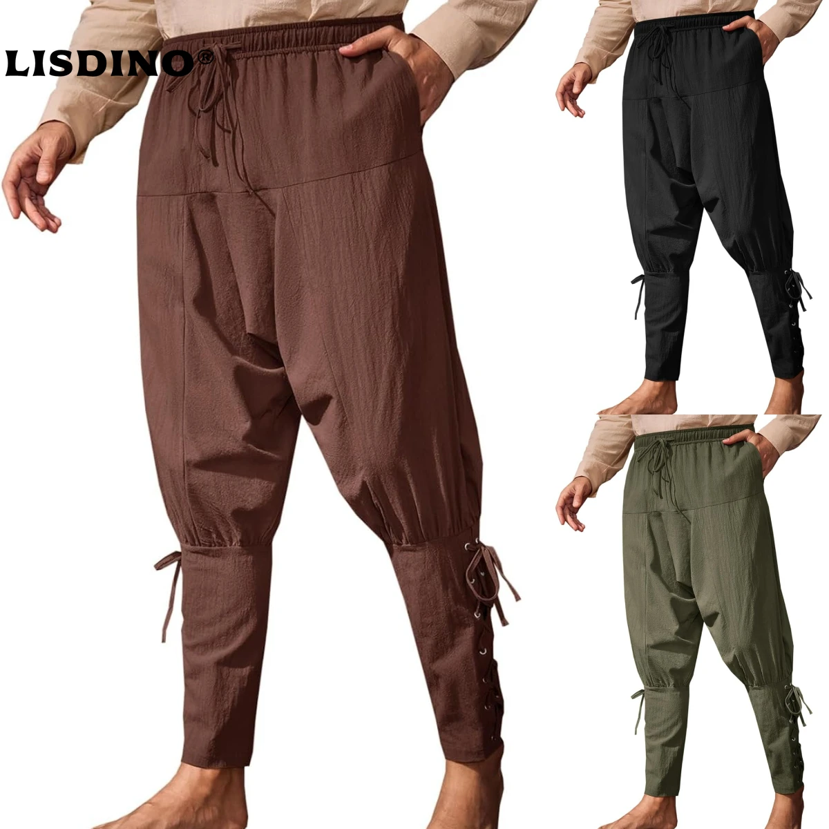 

1Mens Medieval Ankle Banded Pants Renaissance Viking Pirate Navigator Pants Lace Up Cotton Halloween Trousers