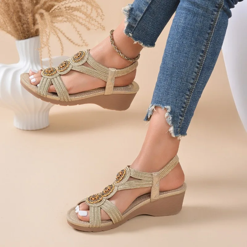 

Women's Platform Wedge Sandals 2026 Summer Elastic Strap Round Toe Casual TPR Sole Beach Shoes for Ladies