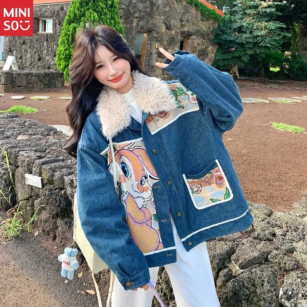 الأزرق الكورية الأرنب الفراء بطانة الدنيم فطيرة يتغلب على المرأة الخريف والشتاء 2025 جديد الكرتون الحد من العمر سميكة سترة الصوف #3