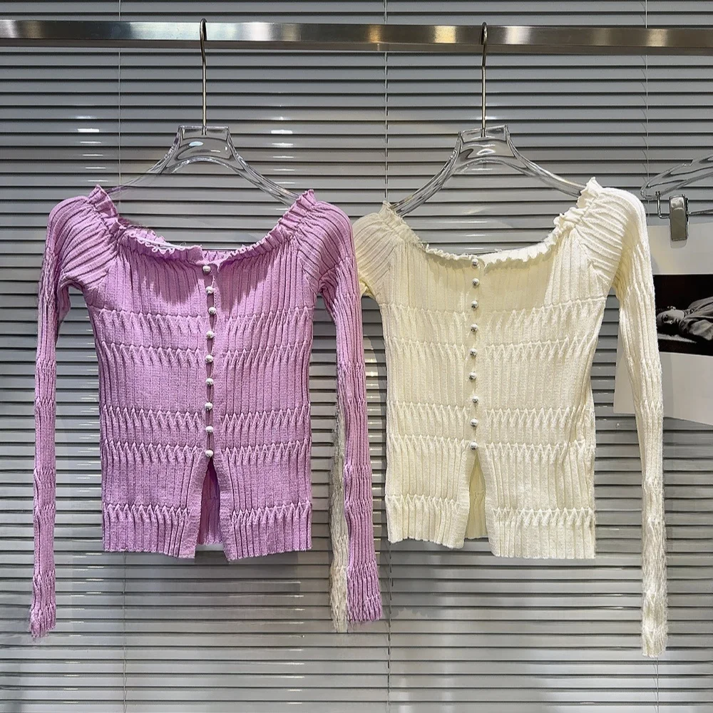 

Sweet Knitted Pearl Buttoned oulder Bared Little Fraance Sle Base irt Chinese Net Red Fall New Arrival ort Sve