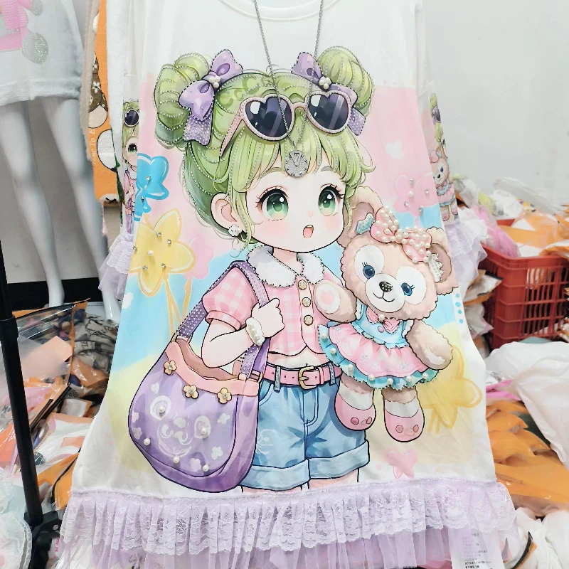 

Fashion Cartoon Hot Drilling Beads Summer Women T-shirt Elegant Lace Sleeve Princess Dress Pullovers Mid-long Students Tops