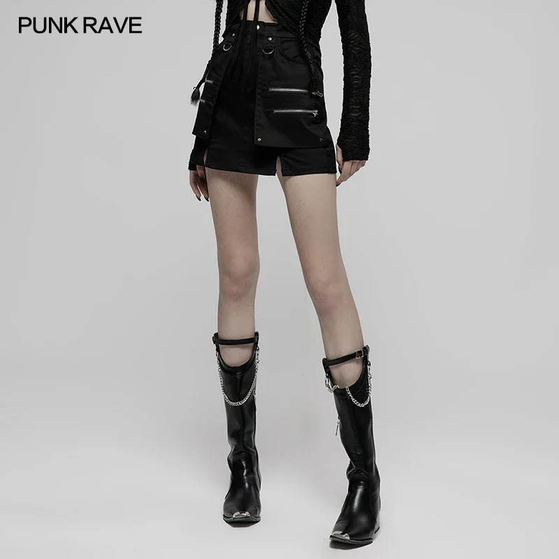 PUNK RAVE Women's Punk Style Metal Rivets Heavy Industrial Mini Skirt Gothic Daily Casual Fashion Sexy Black Half Skirts Women