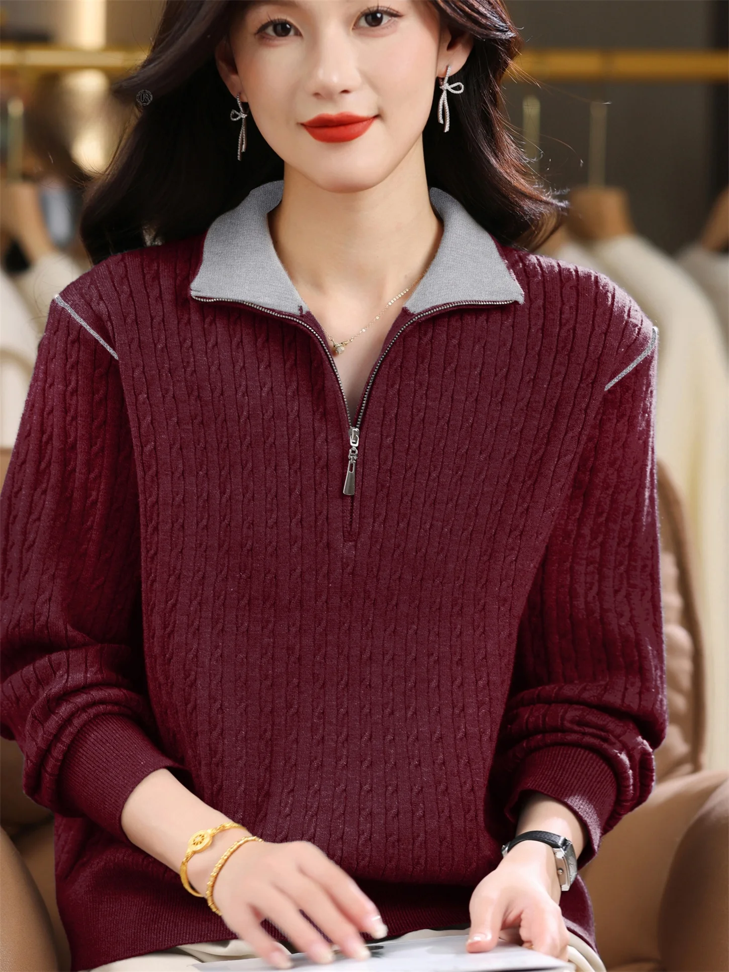 

Faionable Knitted Woolen irt Collared Loose Fit Base Layer Top for Young Mothers Middle Aged And ly Women