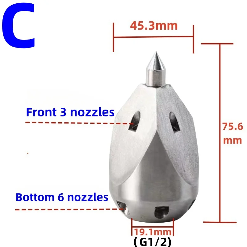 G1/2 Sewer Dredging Nozzle, High-Pressure Cleaning Machine Municipal Pipeline Sewer Cleaning Nozzle,  Flow Rate 40L/70L