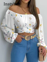 Chemisier imprimé Sexy pour femmes, épaules dénudées, Chic et élégant, lanterne, manches longues, nœud à lacets, hauts courts, chemises Slim décontractées, 2023 5