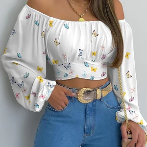Women's blouses printed out of the shoulder, long sleeve with sexy flashlight, with lace, tops-en with bow, fine casual, chic and elegant shirts, 2023 11 Main Sales Blouses Printed - №7