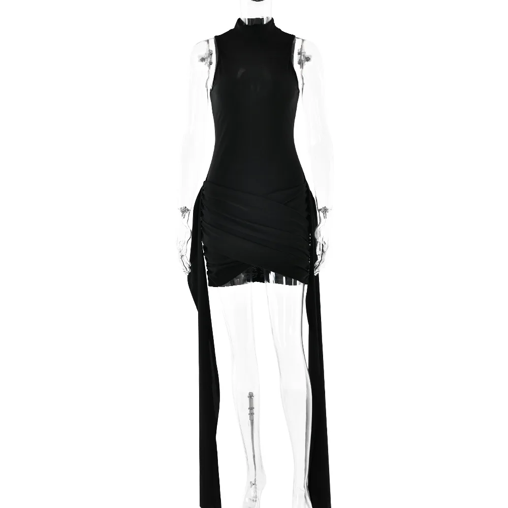Sexy Elegant Mini Dress Women Fashion Irregular Ruched Tank Party Dress Femme Elegant Turtleneck Sleeveless Club Short Dress