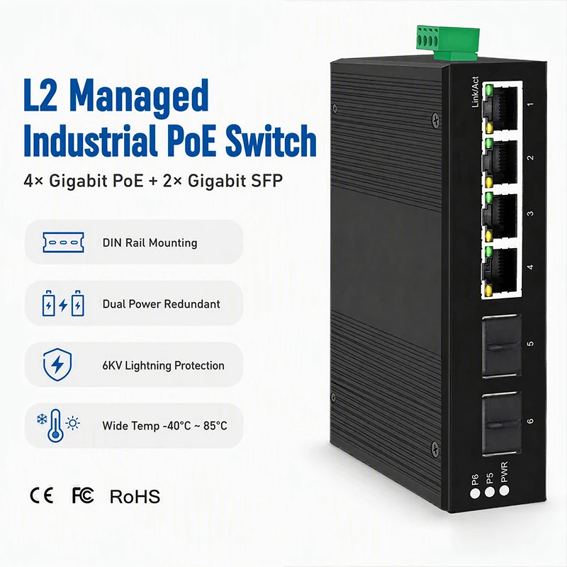 L2 Managed Industrial Gigabit PoE Switch 4/8‑Port PoE+ RJ45 2‑Port SFP IP40 DIN‑Rail IEEE802.3af/at ‑40℃~75℃ Web Managed