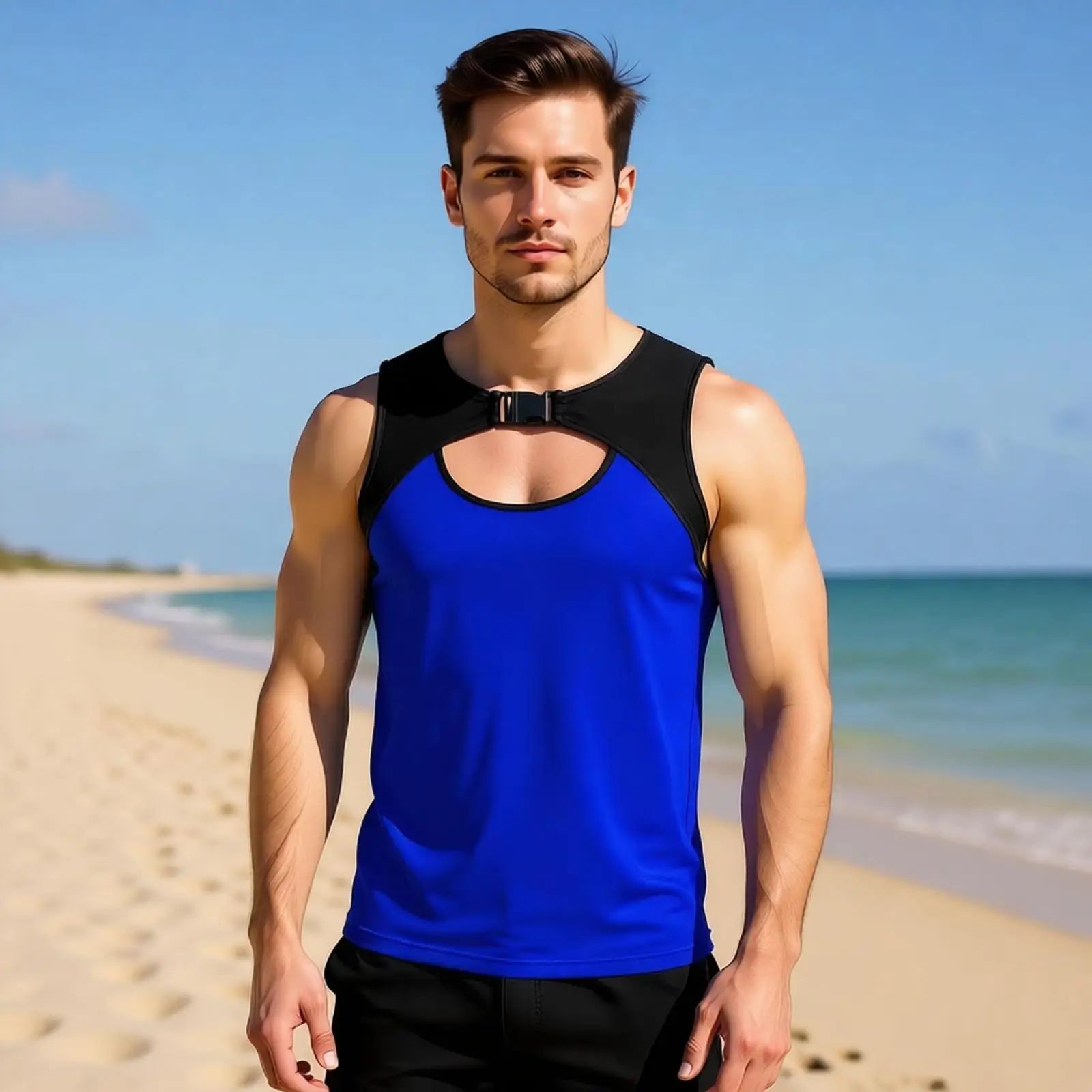 Men Running Workout Crop Top Mesh Patchwork Front Hollow Out Buckle Sleeveless Color Block Vest Tank Wrestling Top for Clubwear