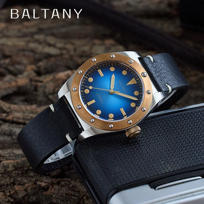 Baltany Vintage Unique Tonneau Wristwatch S4030 NH38 Burgundy Dail Super Luminous 20ATM Stainless Stell Automatic Bronze Watches